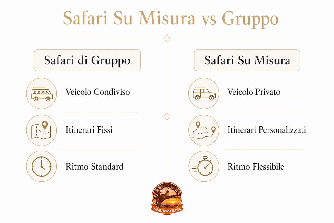 Infografica: differenze tra safari personalizzati e safari di gruppo Safari su misura