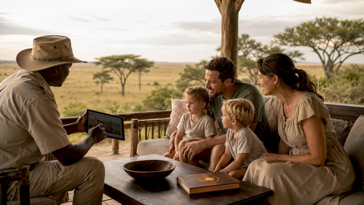 Durante il safari, una guida illustra alla famiglia le misure di sicurezza del lodge, rassicurandoli sul fatto che potranno vivere l’esperienza in totale tranquillità.