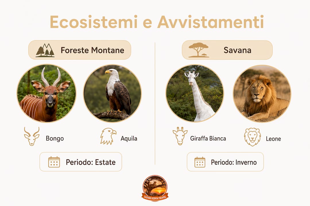 Infografica dedicata agli ecosistemi del Kenya e alle sue specie più rare. Animali rari in Kenya