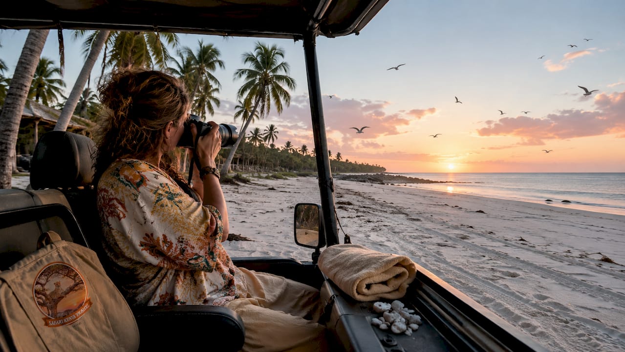 Un turista si gode il tramonto a bordo di una jeep safari, con una vista mozzafiato sull’oceano.
