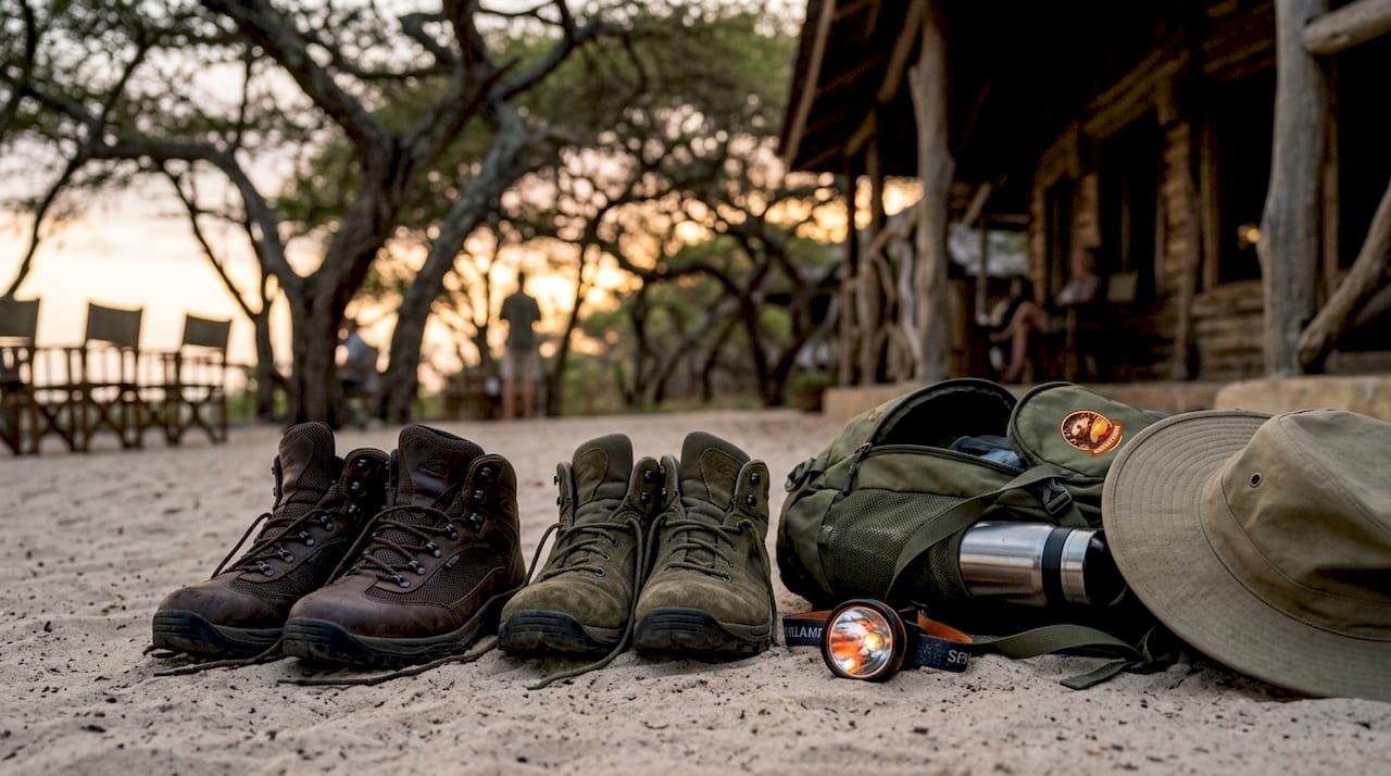 Scarponcini da trekking e accessori per il safari disponibili sulla veranda del lodge, cosa portare safari kenya lista
