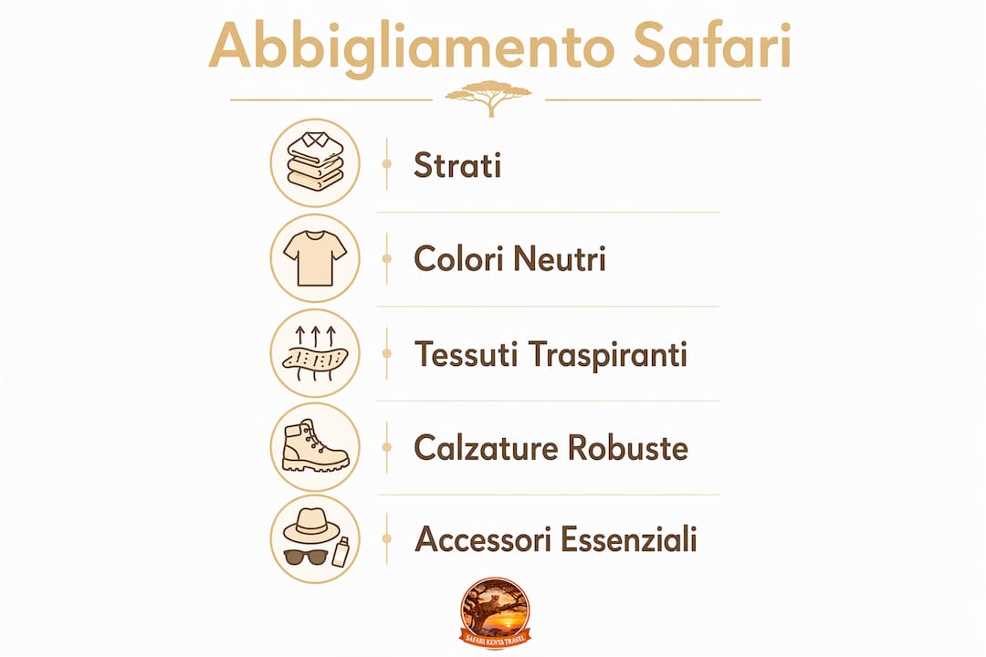 Infografica: cosa mettere in valigia per un safari in Kenya – la lista essenziale dell’abbigliamento consigliato Cosa portare safari Kenya lista