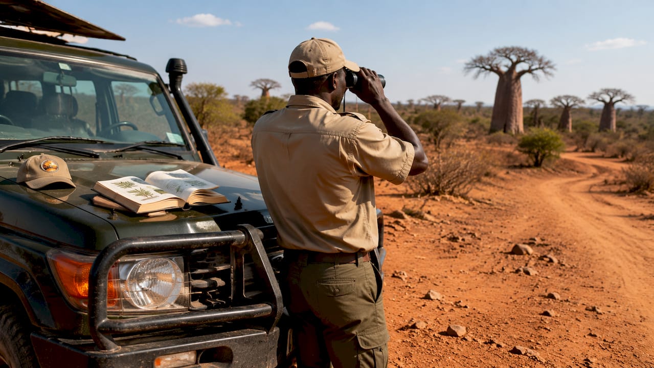 Guida safari che scruta gli animali selvatici nella savana keniota