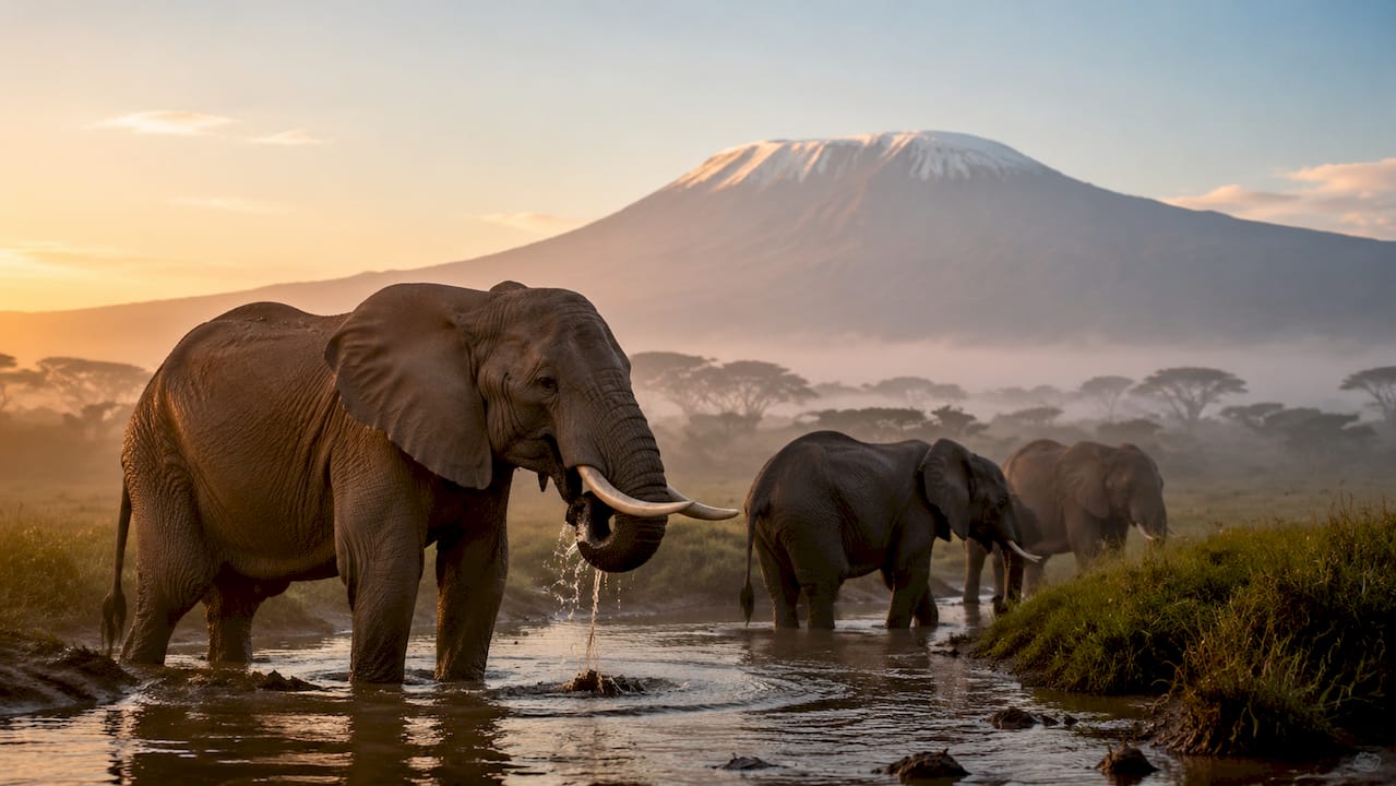 Un gruppo di elefanti si sposta all’alba nel parco di Amboseli, in Kenya: uno spettacolo mozzafiato nella luce dorata del mattino.