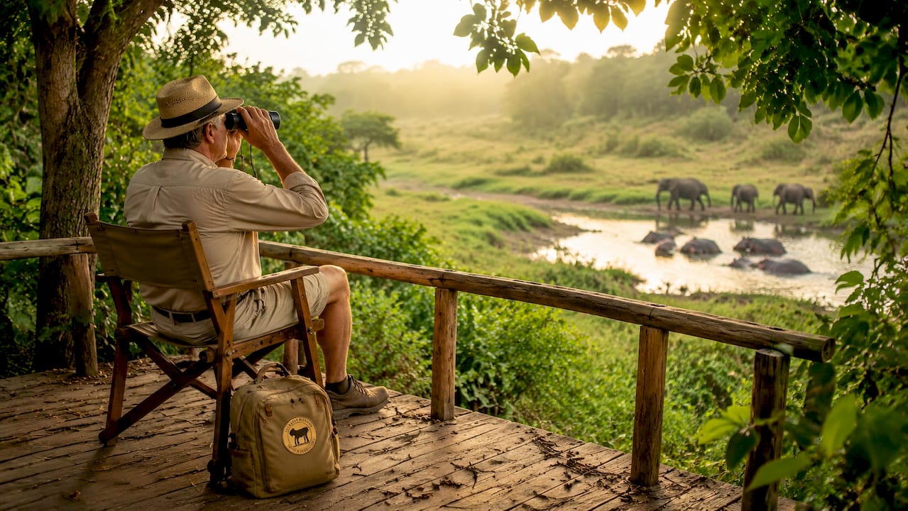 Un appassionato di natura osserva la fauna al diga di Aruba nel parco Tsavo, scrutando il panorama con un binocolo.