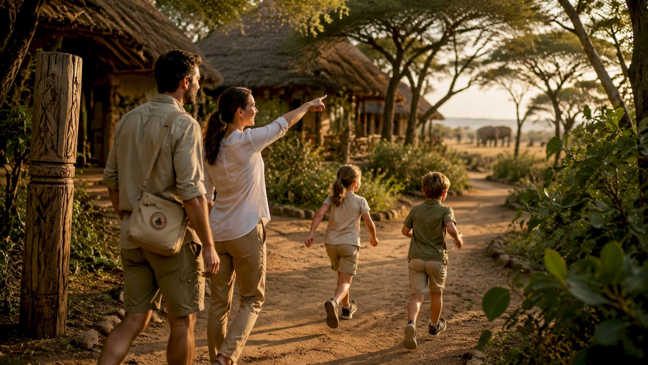 Una famiglia passeggia nella savana keniota, immersa nella natura incontaminata vicino a un lodge safari.