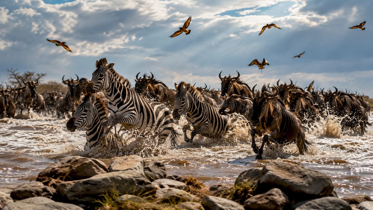 Gli gnu innumerevoli si lanciano nella spettacolare traversata del fiume Masai Mara.