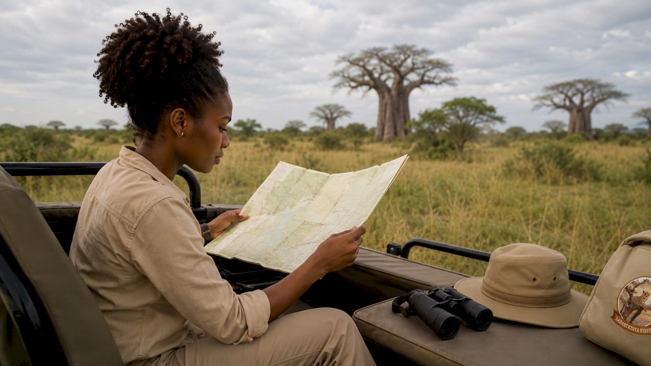 Una donna osserva attentamente una mappa durante un safari, seduta su una jeep scoperta immersa nella natura selvaggia.