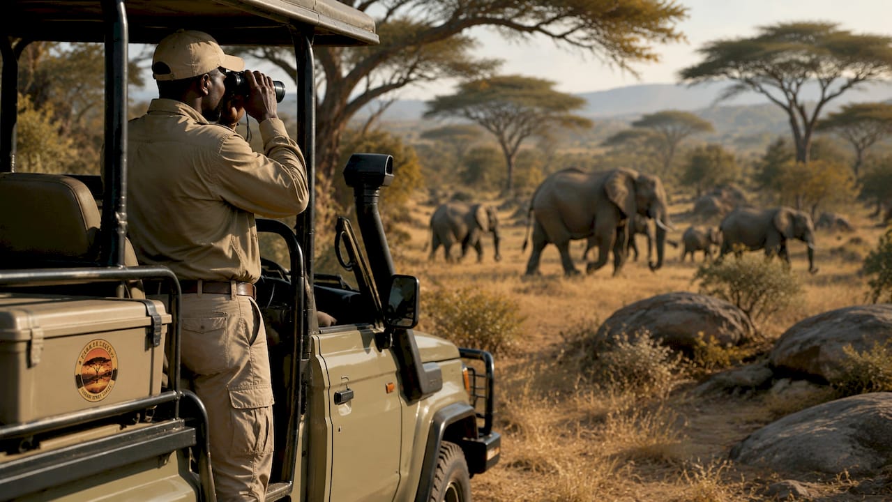 Un fuoristrada per safari si avvicina a un gruppo di elefanti che pascolano nella savana africana.