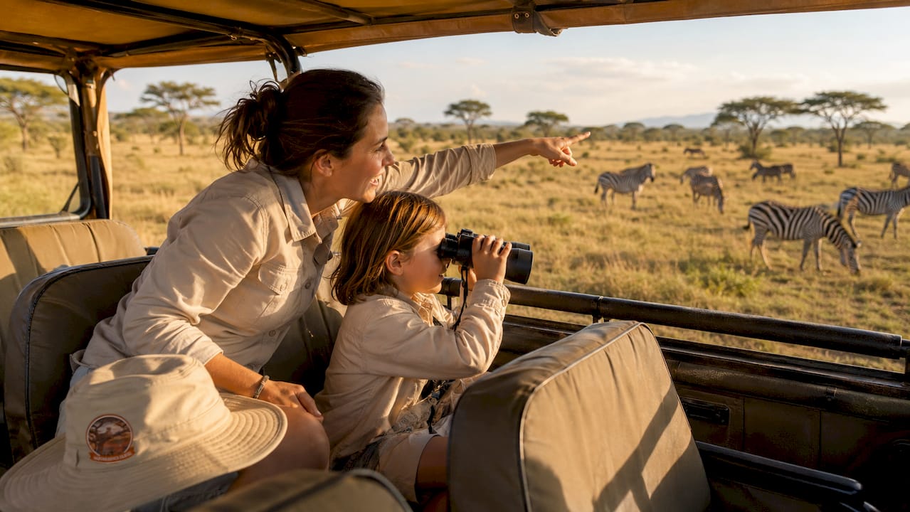 Una mamma e suo figlio ammirano gli animali selvatici durante un safari a bordo di una jeep.