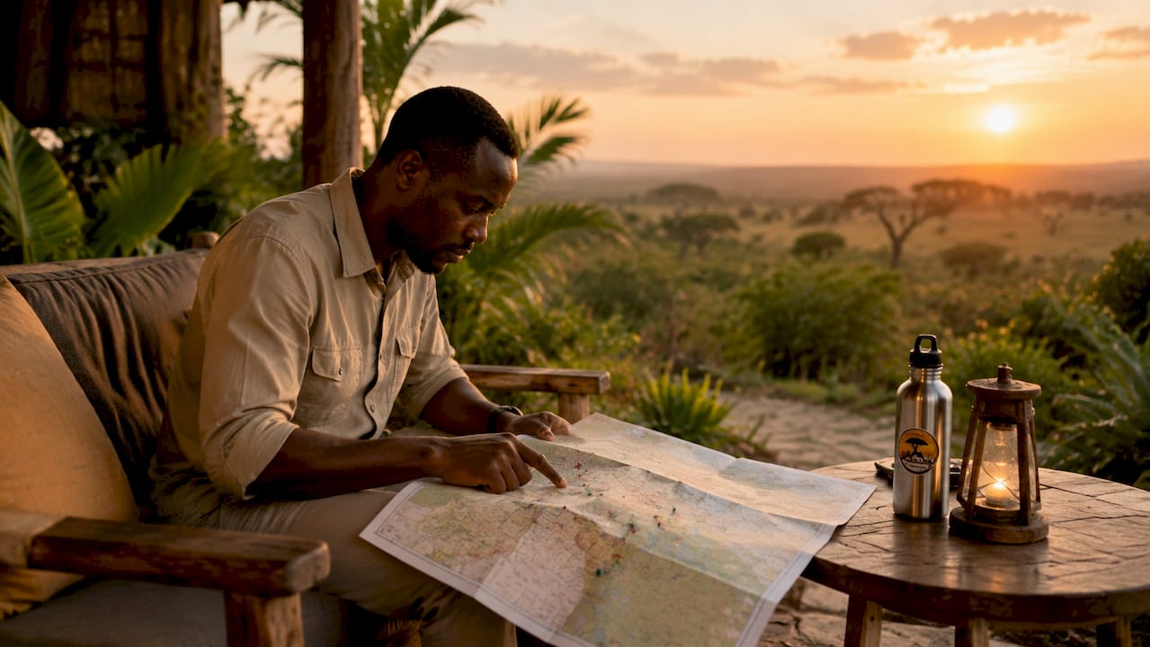 Uomo che organizza un safari in Kenya consultando una mappa all’aperto