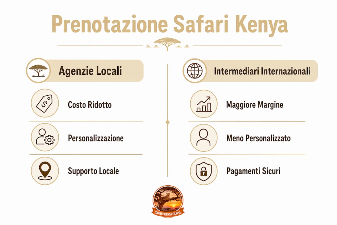 Confronto visivo tra agenzie locali e intermediari per viaggi in Kenya