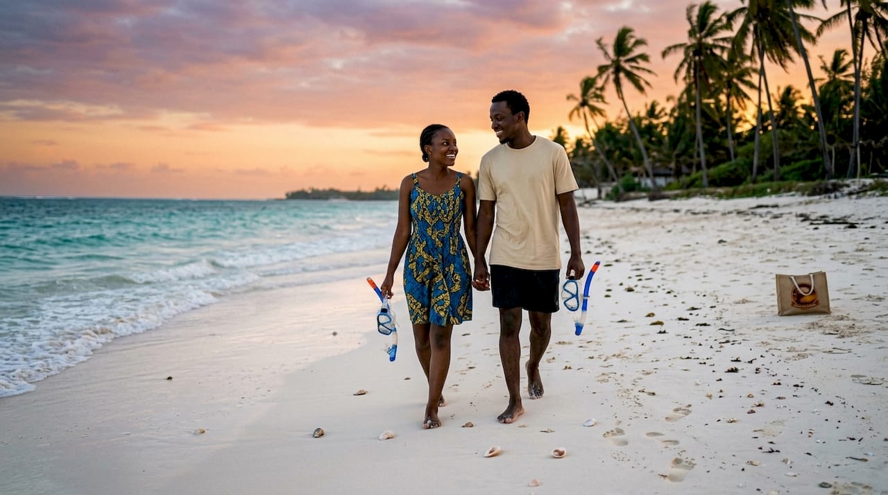 Una coppia si gode una passeggiata romantica sulla spiaggia di Watamu, in Kenya.