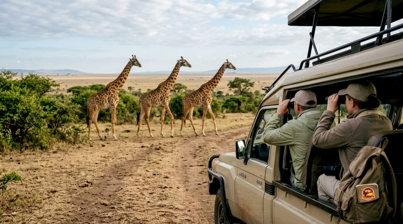 Fuoristrada safari con turisti che ammirano la savana al tramonto
