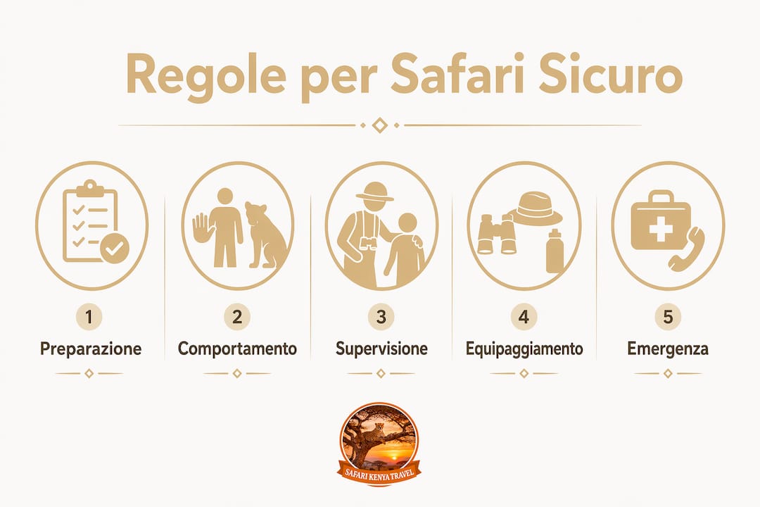 Infografica con i consigli essenziali per vivere un safari in famiglia in tutta sicurezza