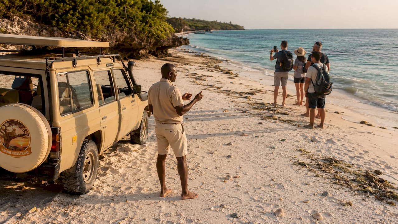 Guida safari accompagna un gruppo di turisti nella savana keniota