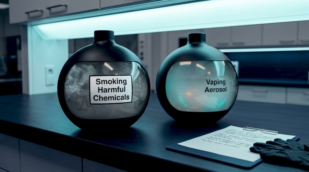 Contrasting jars illustrating vaping and smoking effects