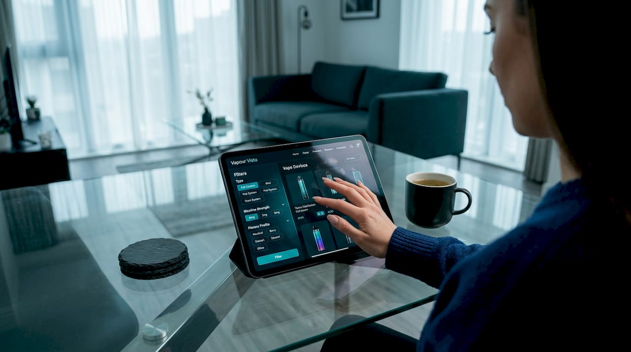User filtering vape products on tablet at kitchen table