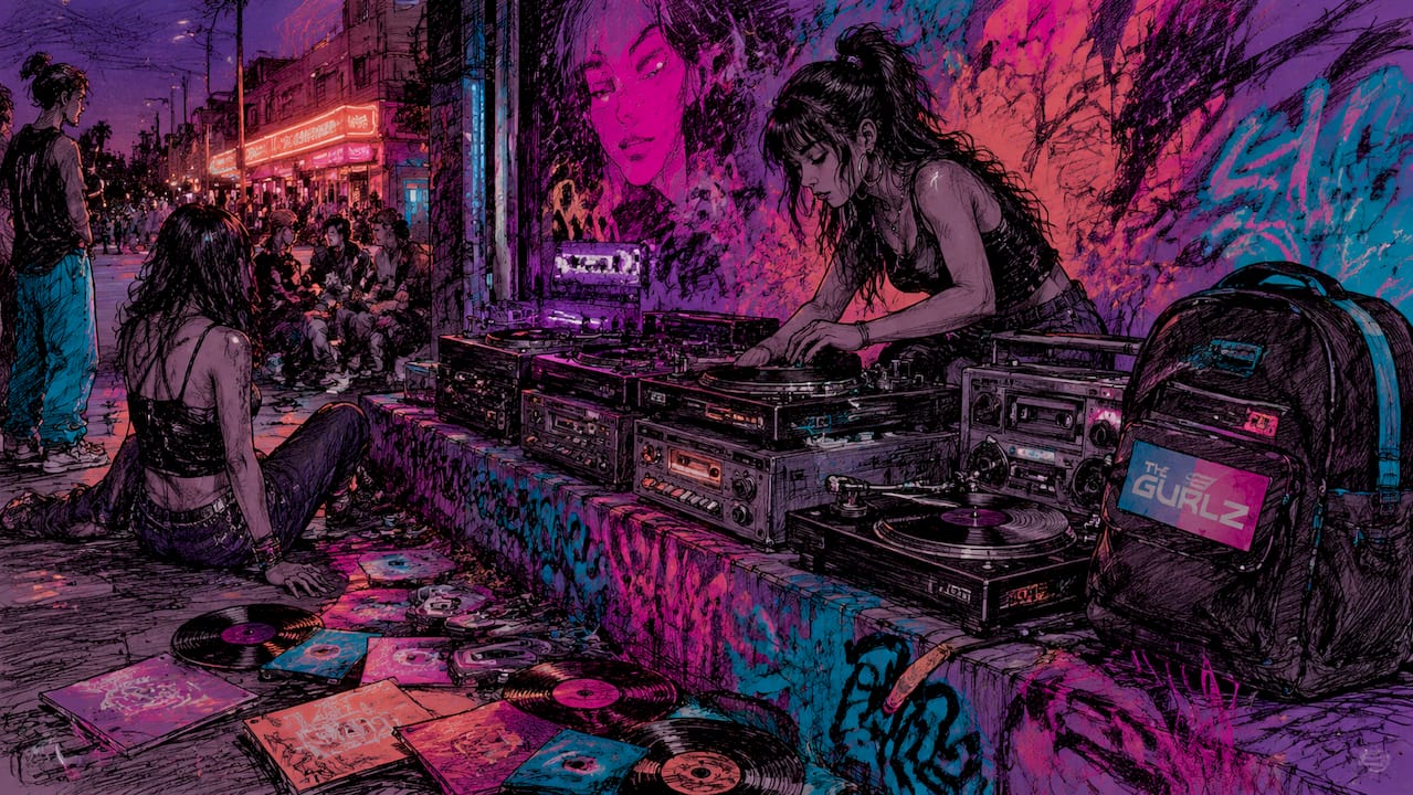 Analog gear and tapes in neon underground setting