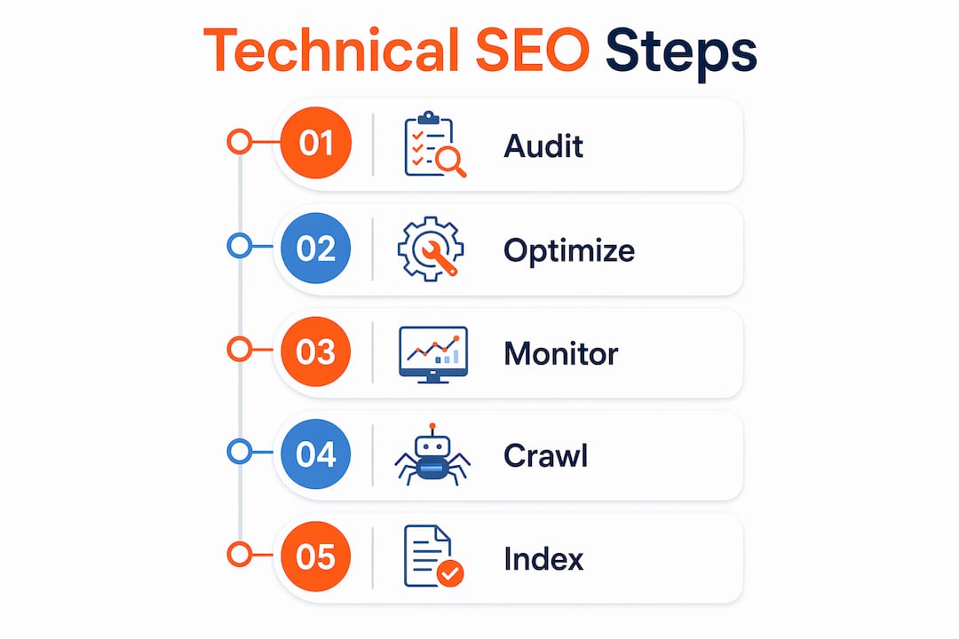 Infographic illustrating technical SEO key steps