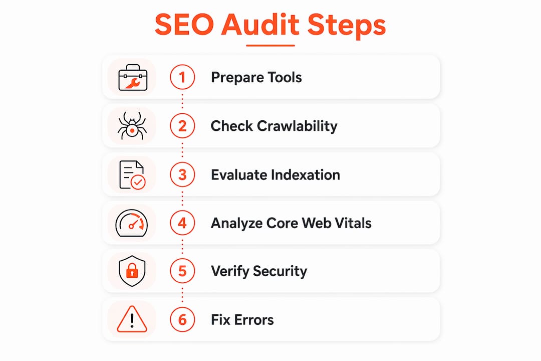 Infographic illustrating technical SEO audit steps