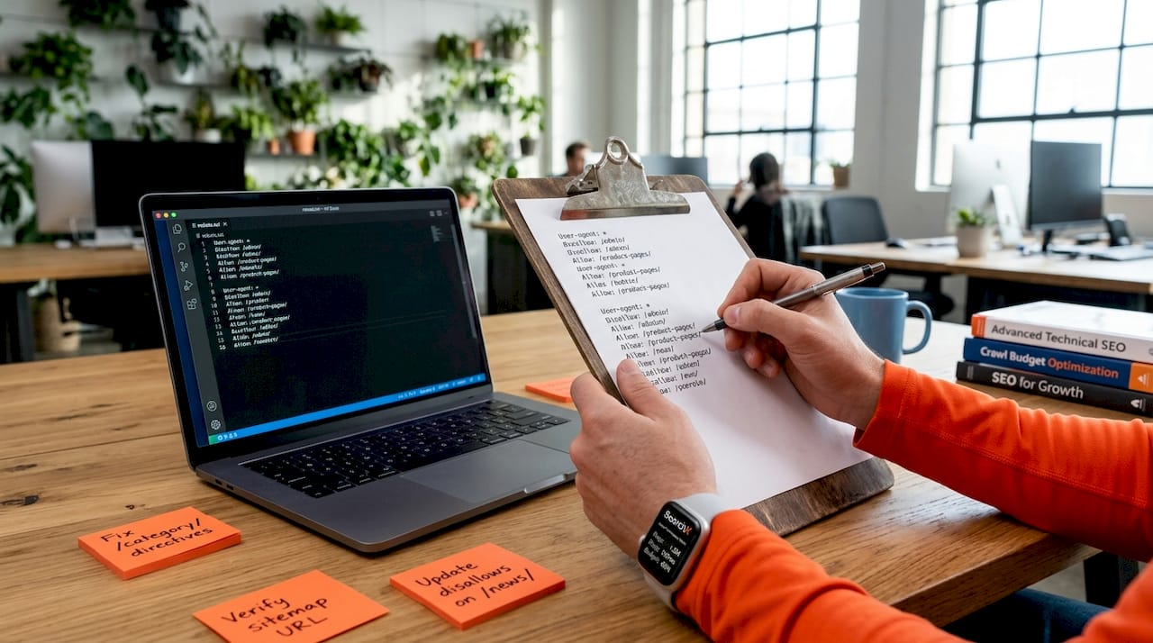 Hands reviewing robots.txt file at desk