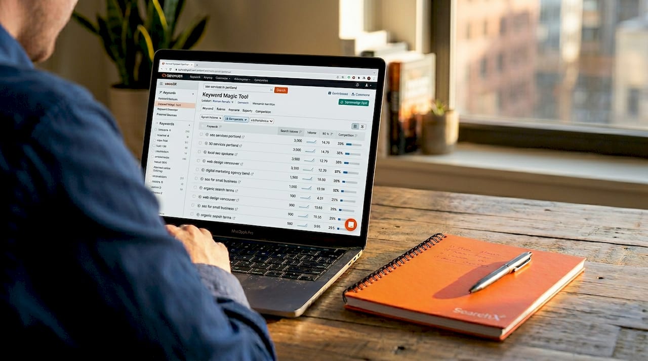 Close-up of keyword research tool on laptop screen