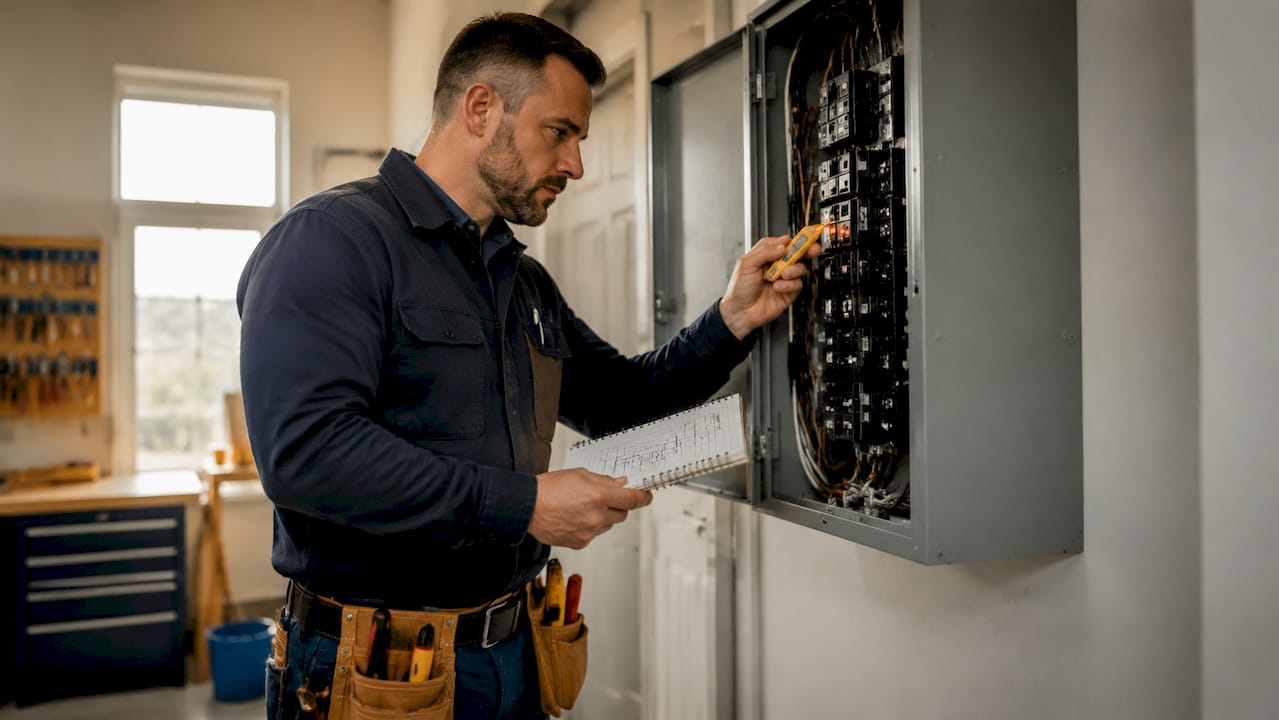 Electrician inspecting home electrical panel