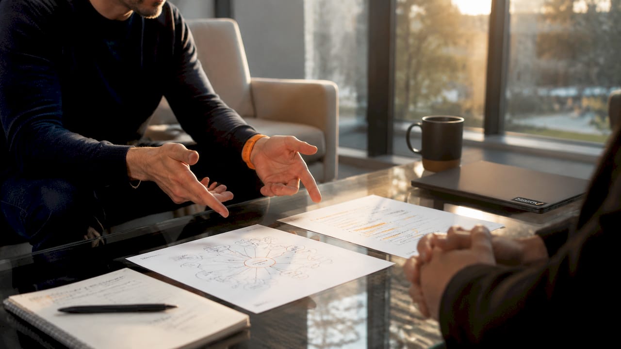 Hands discussing keyword and entity SEO notes in meeting room
