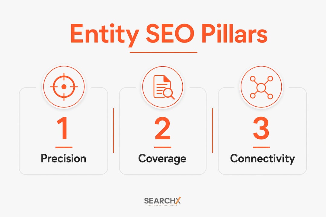 Infographic illustrating three core pillars of entity SEO