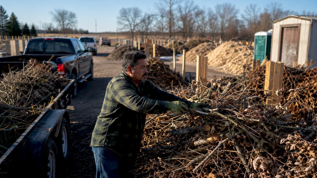 Community storm debris drop-off yard with vehicles