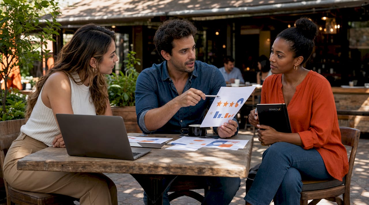 Marketing team collaborating on review growth strategy