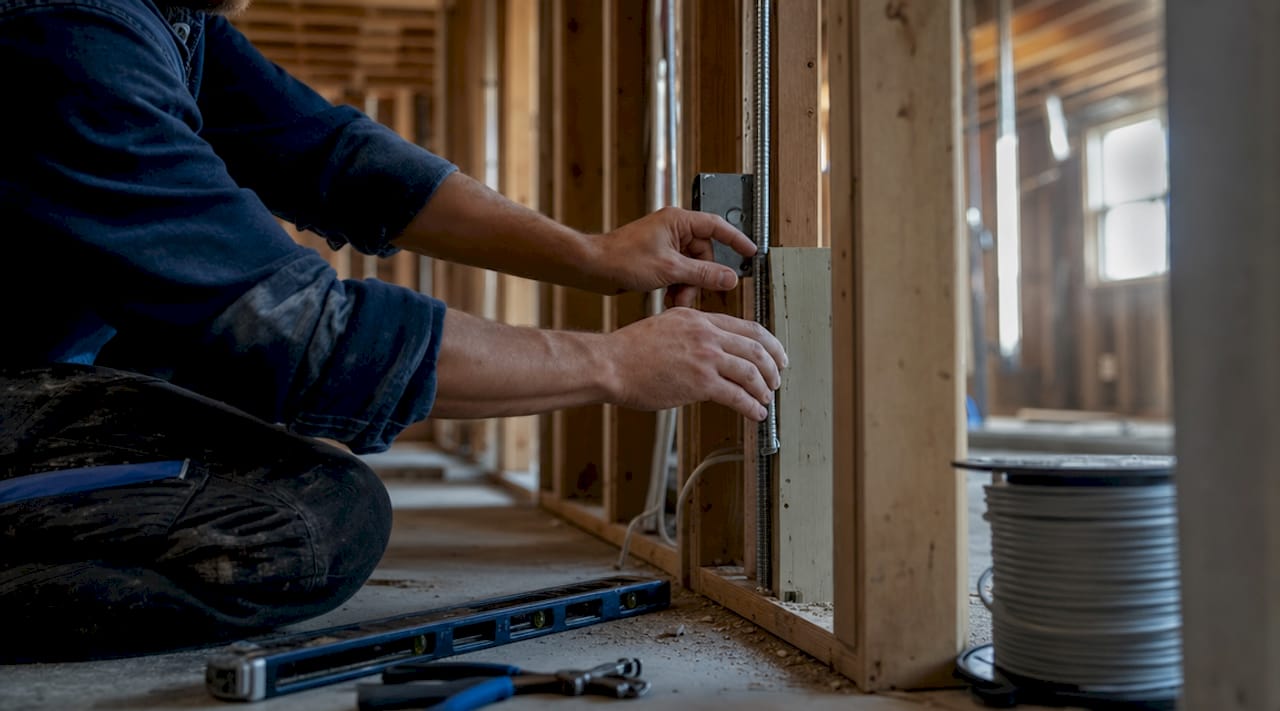 Hands measuring conduit during electrical rough-in inspection