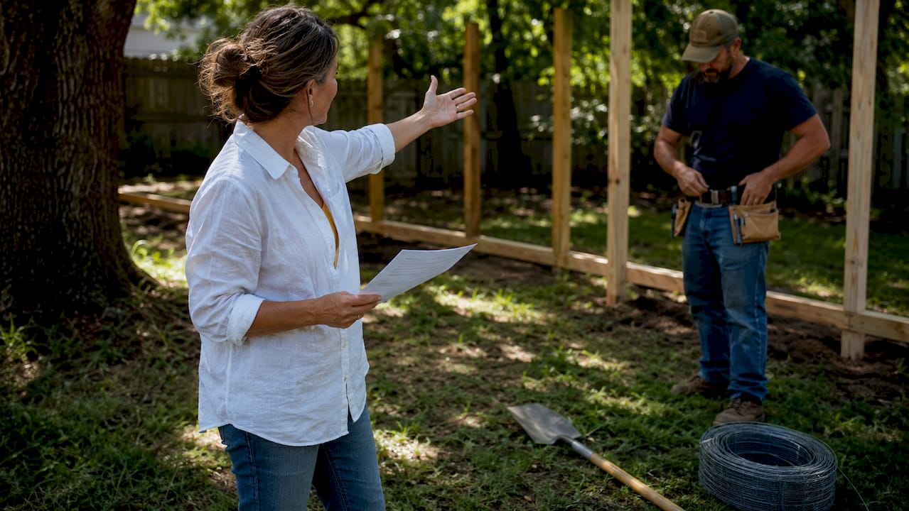 Homeowner checking fence permit outdoors