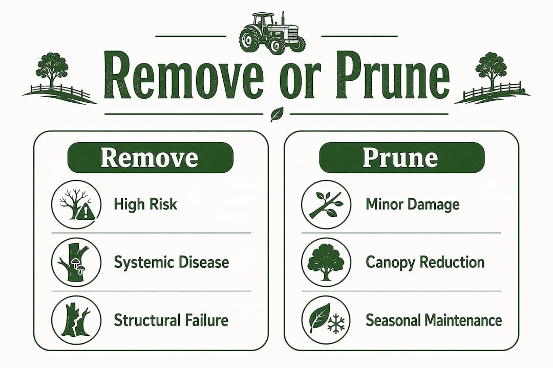 Infographic comparing tree removal and pruning criteria
