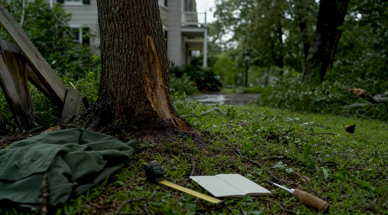 Professional assessing storm-damaged tree limbs