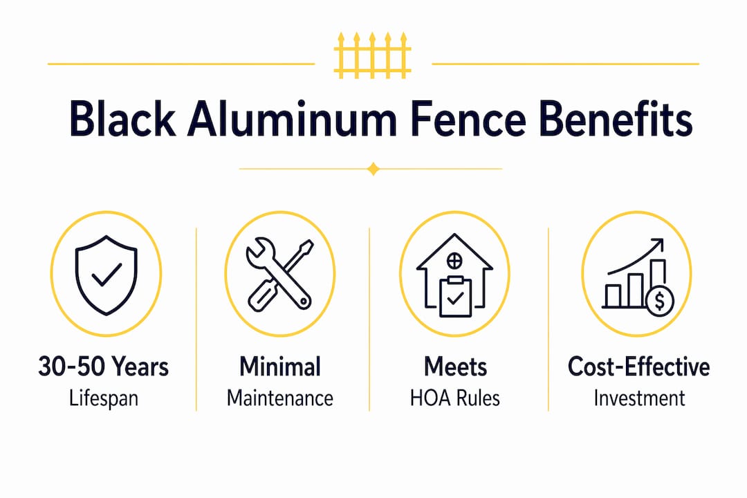 Infographic highlighting black aluminum fence benefits