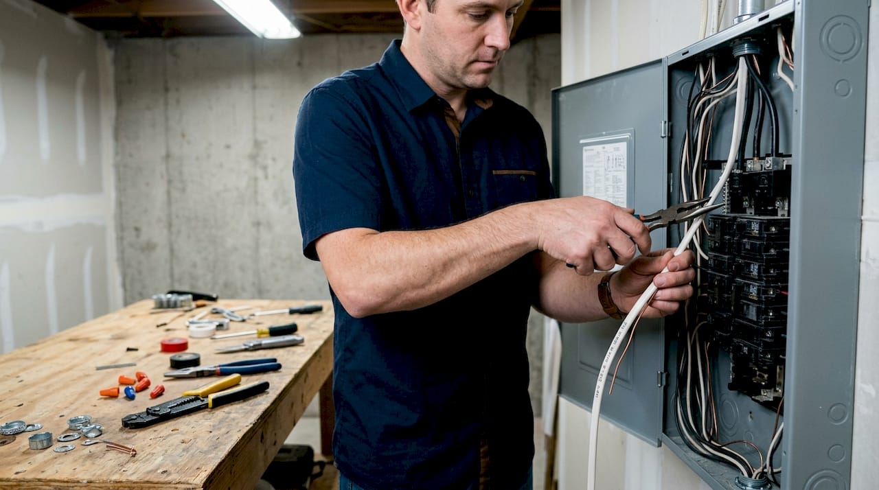 Hands installing new electrical circuits in panel