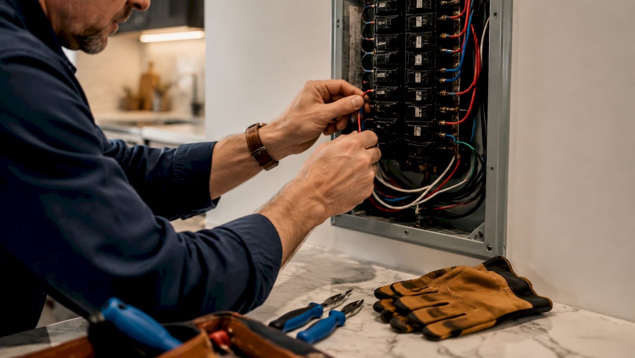 Close-up hands wiring circuit breaker panel