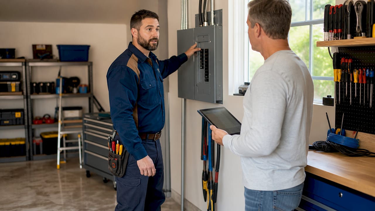 Overhead view of electrician and homeowner discussing panel upgrade
