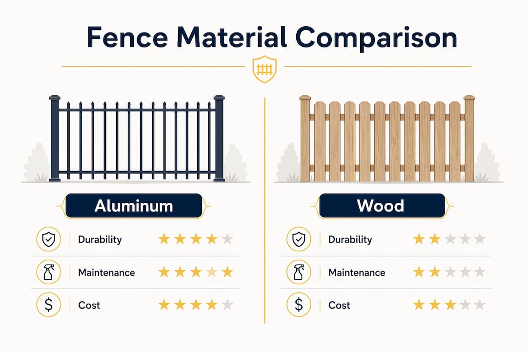 Infographic comparing aluminum and wood fencing features
