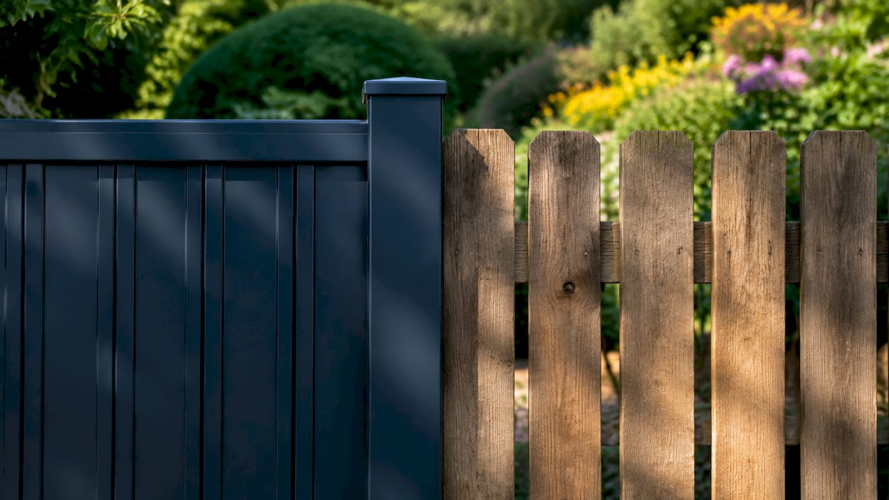 Side-by-side close-up of aluminum and wood fences
