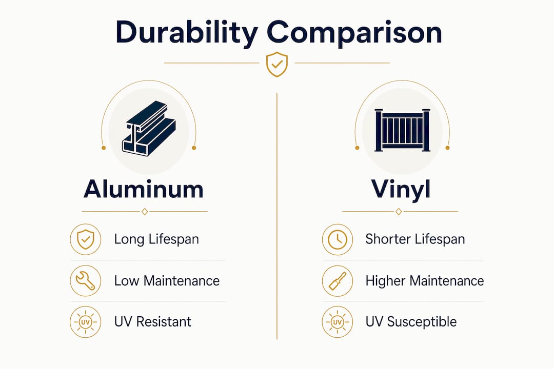 Infographic comparing durability of aluminum and vinyl pool fences
