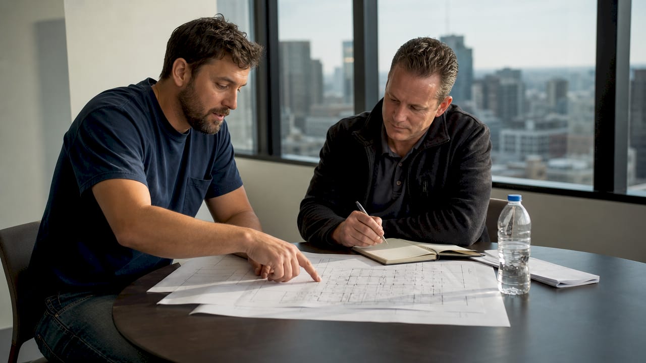 Electrician and builder reviewing electrical blueprints
