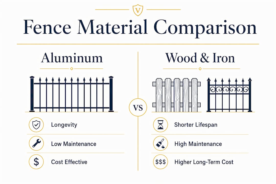 Infographic comparing aluminum, wood, and iron fencing benefits