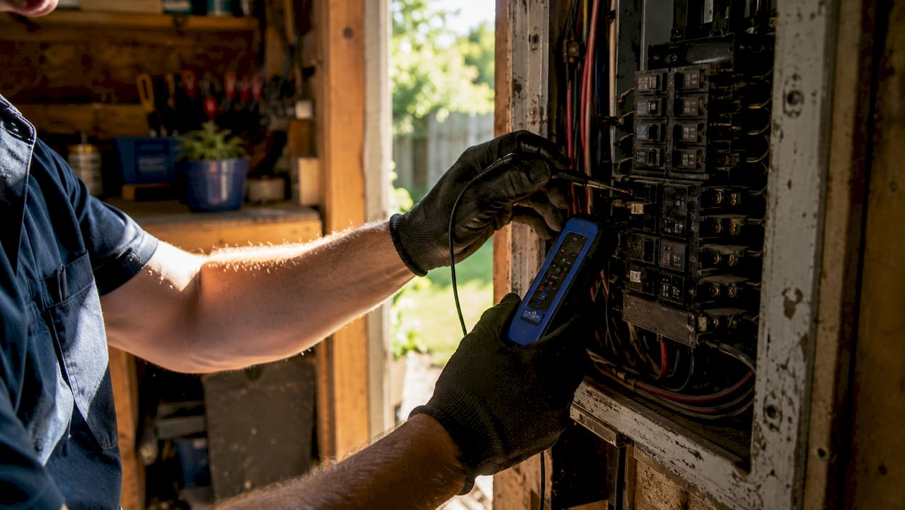 Hands using circuit identifier tool on old panel