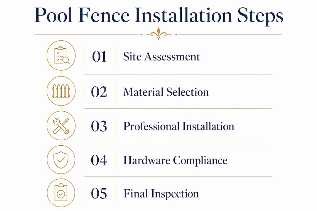 Infographic outlining pool fence installation steps