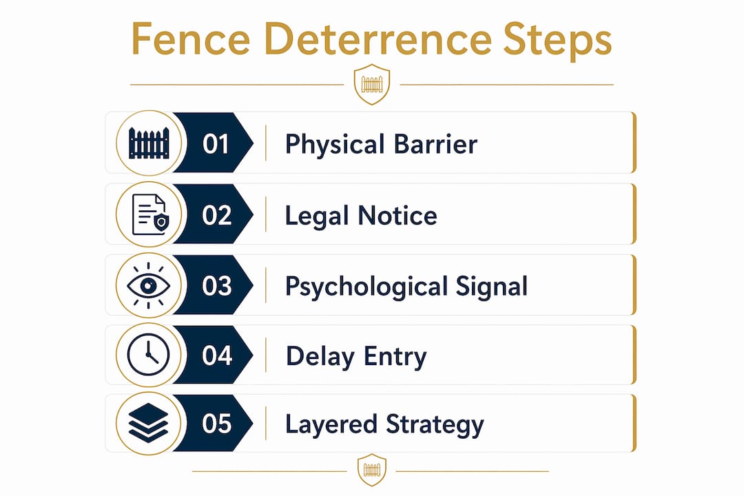 Infographic illustrating five steps of fence deterrence effect