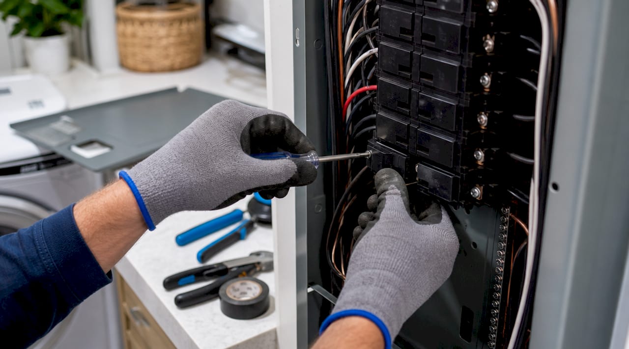 Electrician wiring upgraded electrical panel