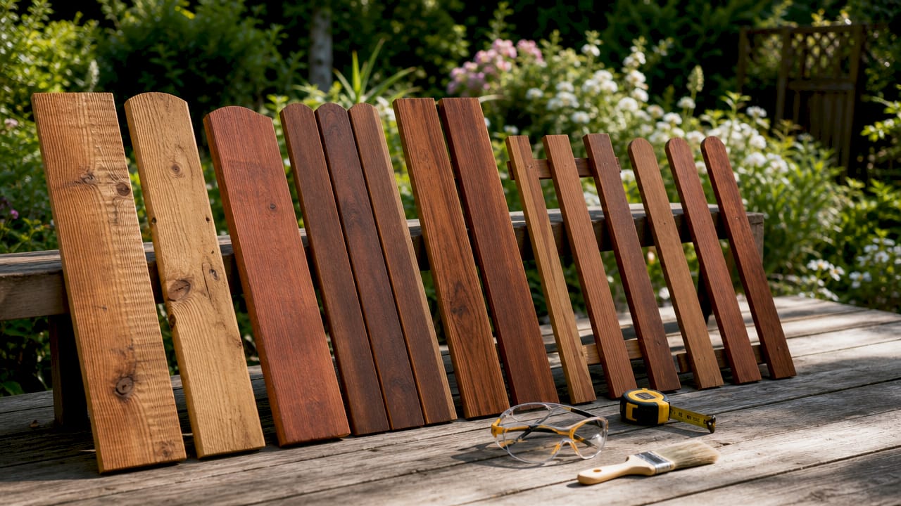 Close-up of wood fencing materials and tools